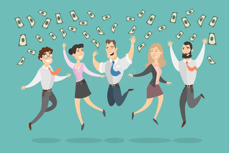 People jumping with money rain in happiness. Fortune raining vectors