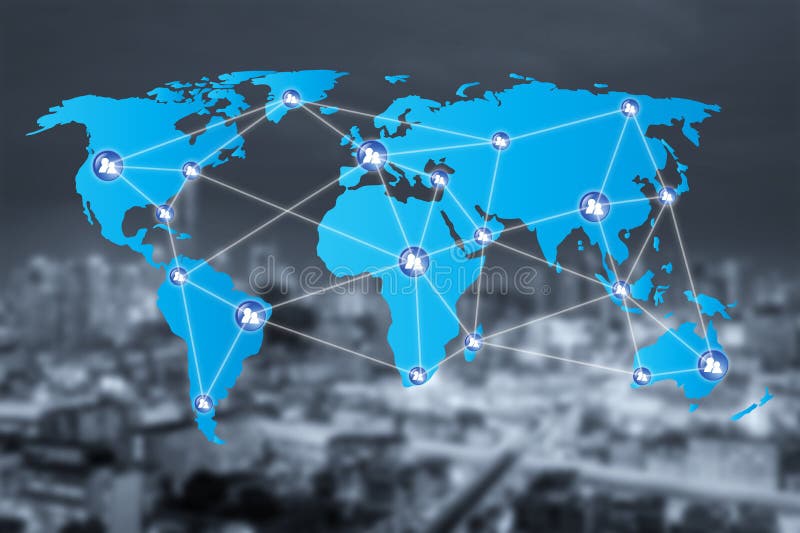 People network connection icons with World map connection and blur city. Network work connections concept. Global network connection map stock images, royalty-free photos and pictures