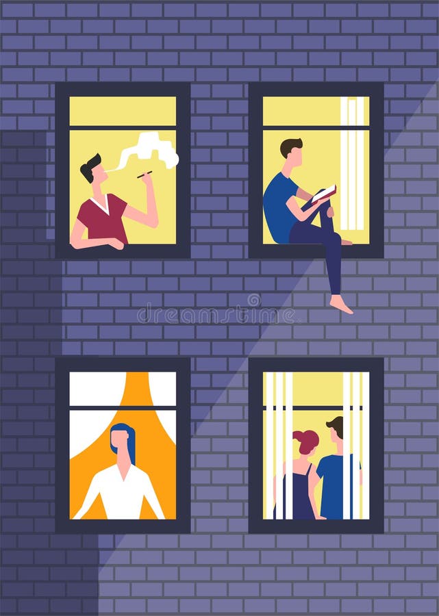 People in night windows in daily routine. Vector man or boy smoking and looking in window royalty free illustration People in night windows in daily routine. Vector man or boy smoking and looking in window royalty free illustration