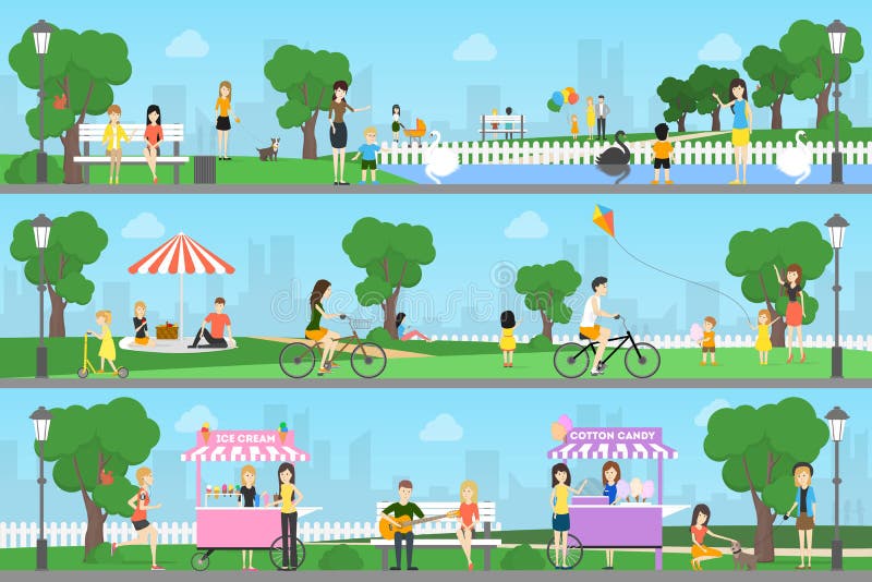 People at park. Set of illustration of people relaxing and having fun.