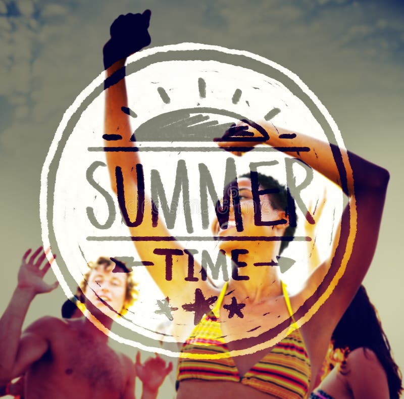 People Partying Outdoors and Summer Time Text stock image