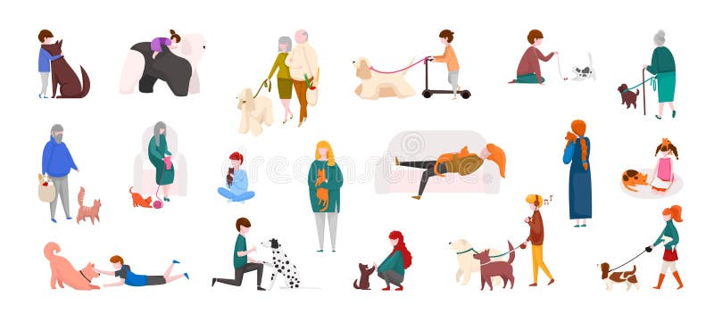People with pets. Diverse cartoon characters walking, playing and running with cats and dogs. Vector domestic animals