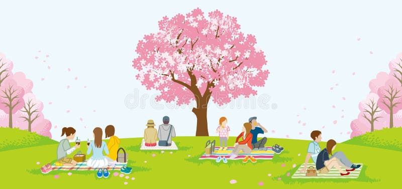 People picnic in spring nature vector illustration