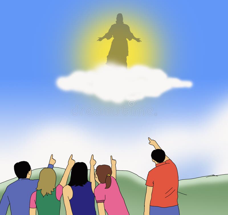 People pointing they hand to flying Jesus cartoon