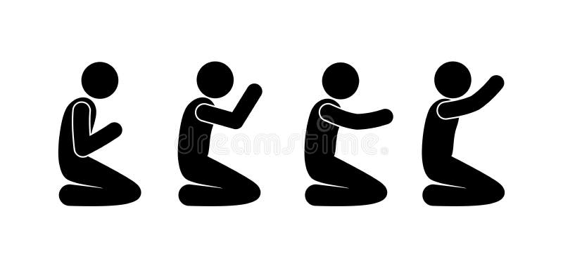 People pray, stick figure man kneeling, prayer illustration. 