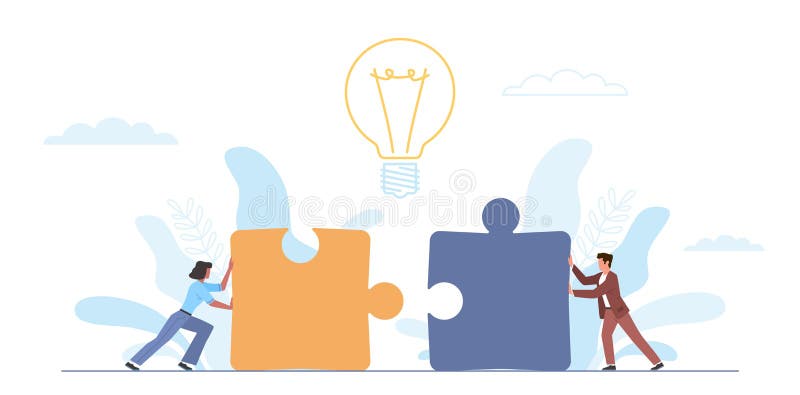 People push puzzle. Teamwork successful, idea implementation collaboration, tiny man and woman putting together big vector illustration