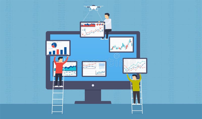 People put statistics and web analytics of business on monitor. stock illustration People put statistics and web analytics of business on monitor. stock illustration