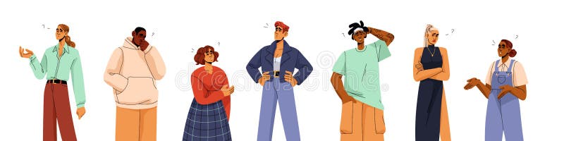 People with question marks, thinking, doubting and asking. Curious troubled thoughtful confused characters solve problem royalty free illustration