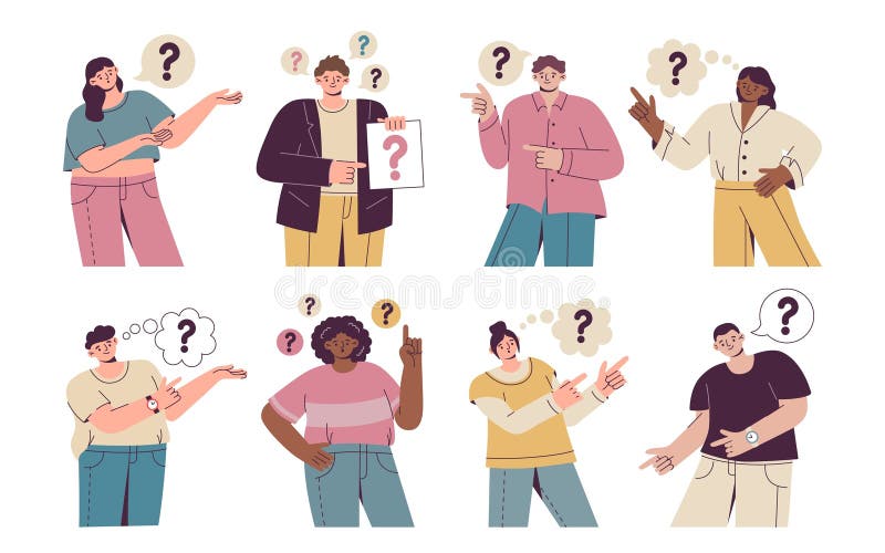People questions. Man and woman ask about problem. Confused character portraits. Speech bubble with interrogation marks. Surprised royalty free illustration