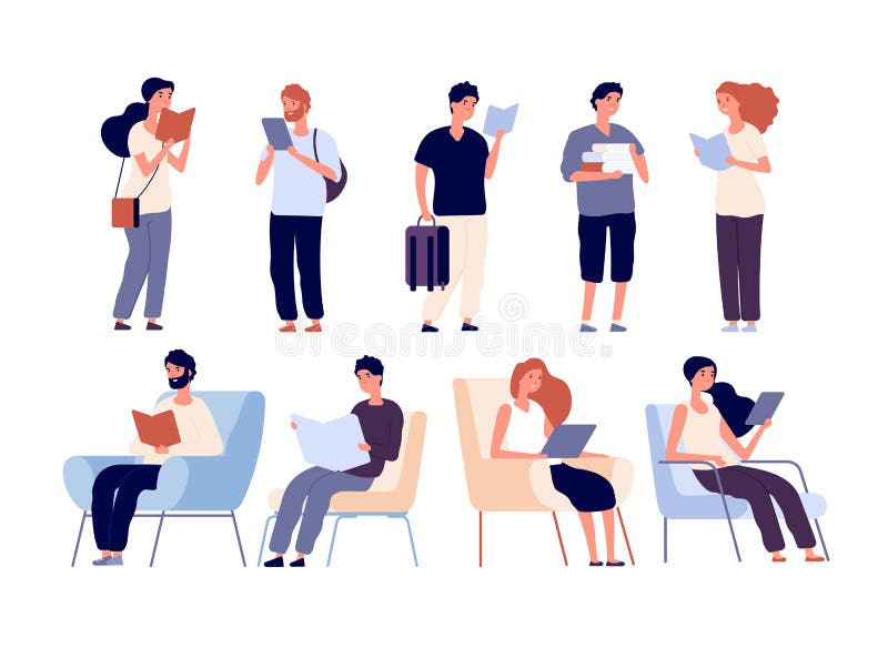 People read books. Group of women and man reading book standing and sitting on chair. Students standing in library vector characters. Illustration of woman and man sitting, reading book and studying