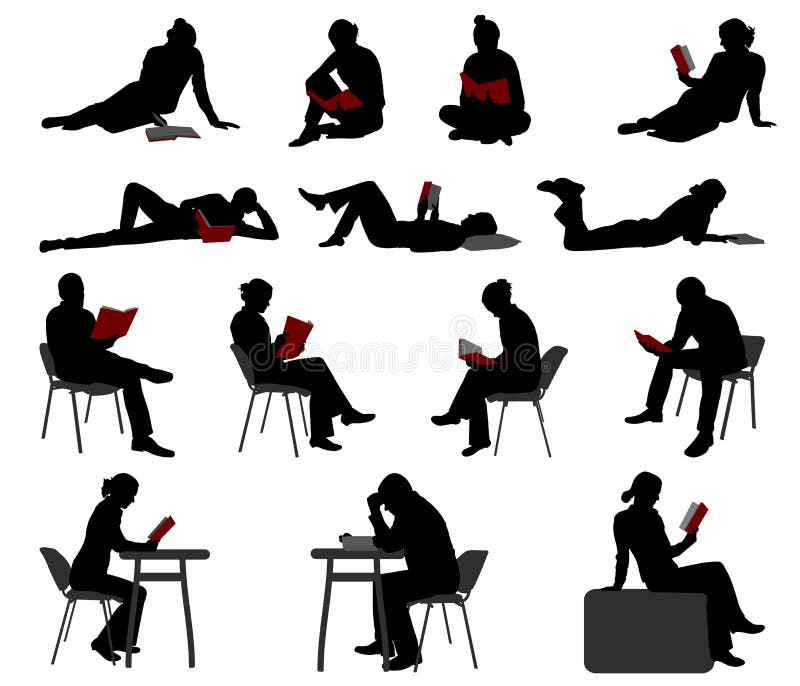 Silhouettes of people reading books - vector. Man reading magazine vectors