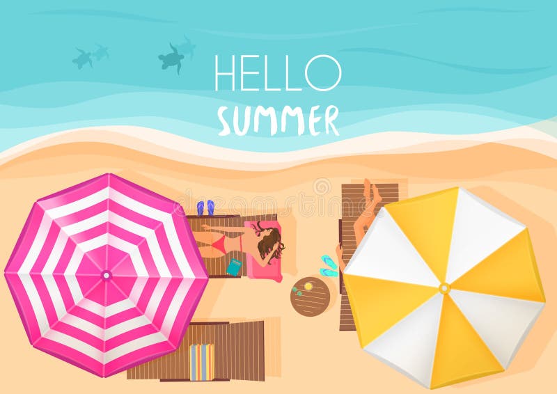 People relaxing by the ocean with hello summer words. Vector illustration. Exotic summer vacation top view. vector illustration