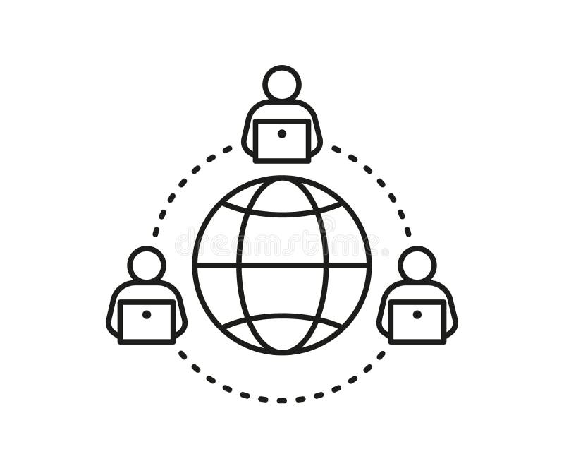 People remote online communication on computer, around earth line icon. Connection on internet teamwork. Distance vector illustration
