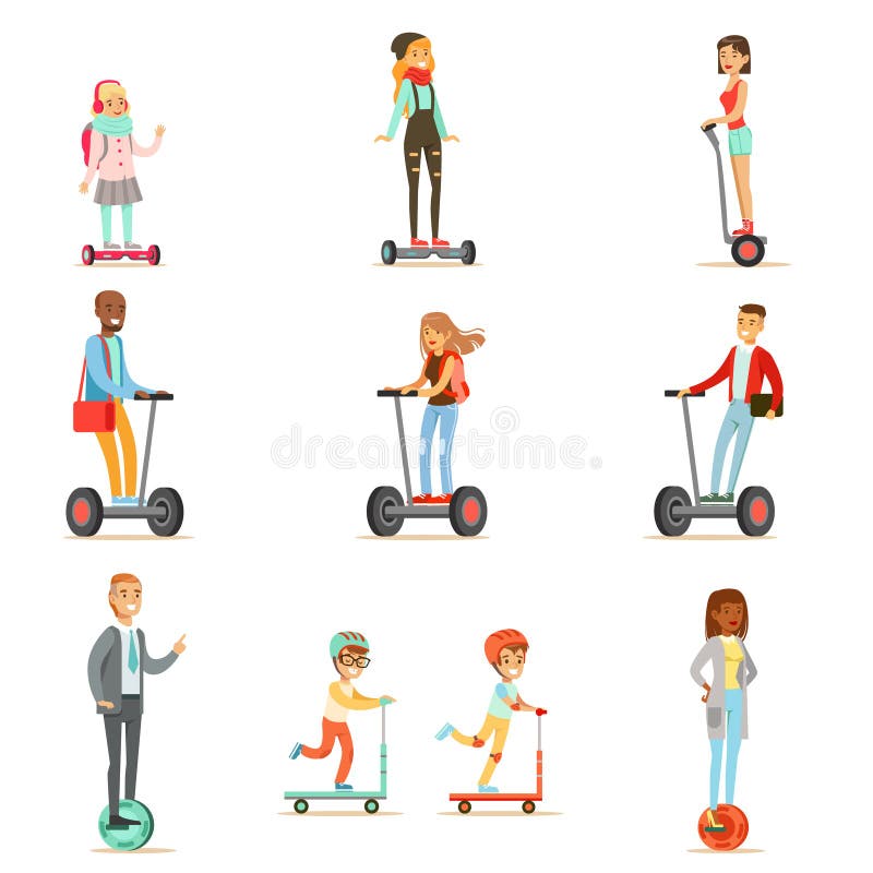 People Riding Electric Self-Balancing Battery Powered Personal Electric Scooters With One Or Two Wheels, Collection Of