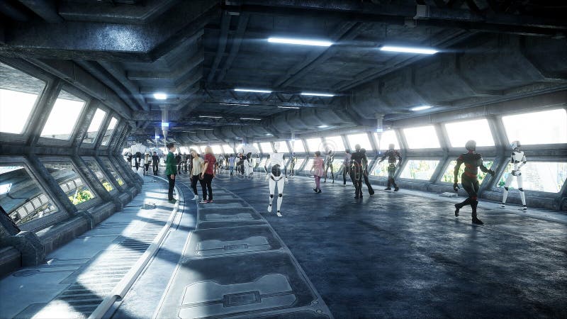 People and robots. Sci fi tonnel. Futuristic traffic. Concept of future. 3d rendering. royalty free illustration