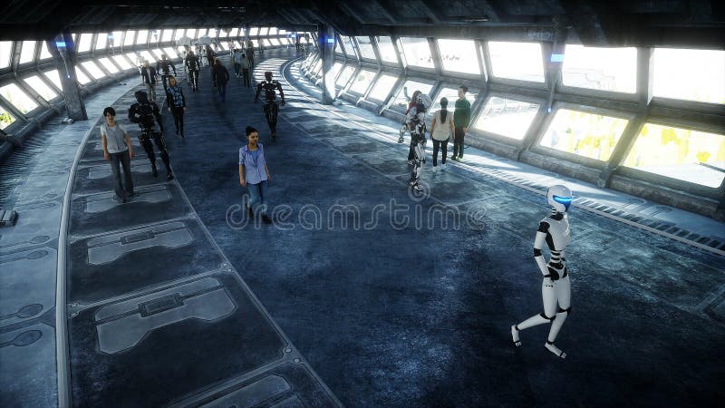People and robots. Sci fi tonnel. Futuristic traffic. Concept of future. 3d rendering. royalty free illustration