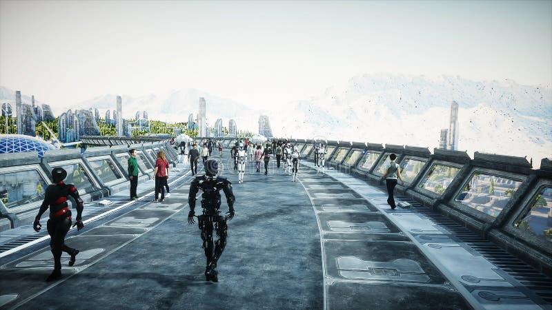 People and robots. Sci fi tonnel. Futuristic traffic. Concept of future. 3d rendering. vector illustration