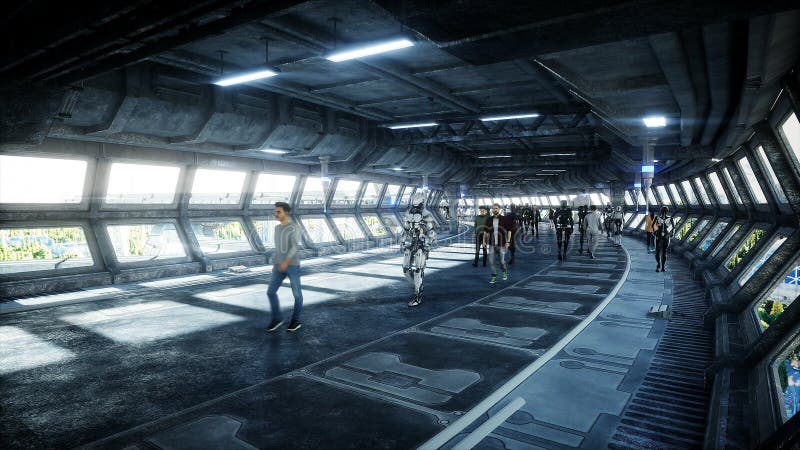 People and robots. Sci fi tonnel. Futuristic traffic. Concept of future. 3d rendering. stock illustration