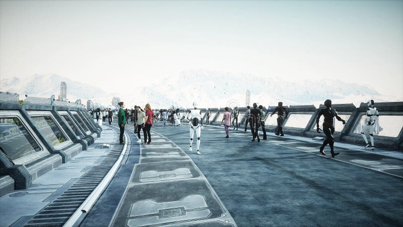 People and robots. Sci fi tonnel. Futuristic traffic. Concept of future. 3d rendering. vector illustration