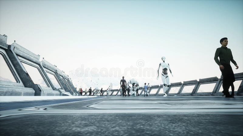 People and robots. Sci fi tonnel. Futuristic traffic. Concept of future. 3d rendering. royalty free illustration