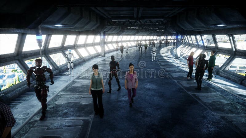 People and robots. Sci fi tonnel. Futuristic traffic. Concept of future. 3d rendering. vector illustration