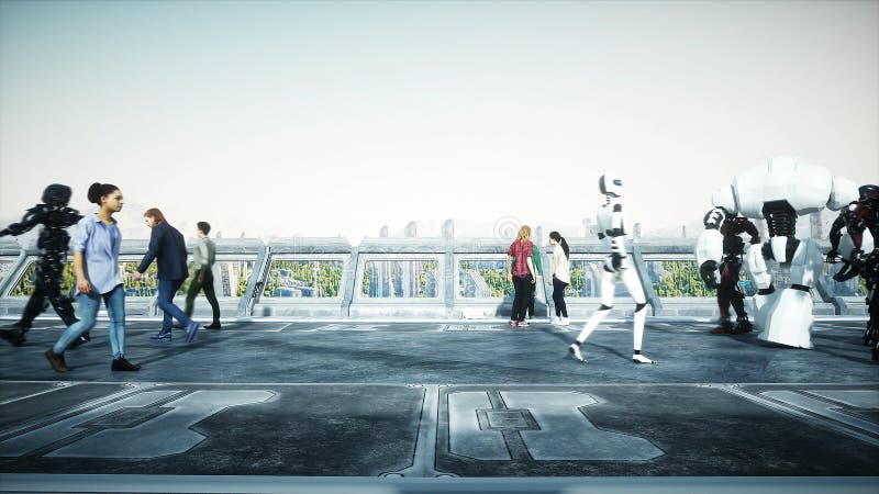 People and robots. Sci fi tonnel. Futuristic traffic. Concept of future. 3d rendering. royalty free illustration