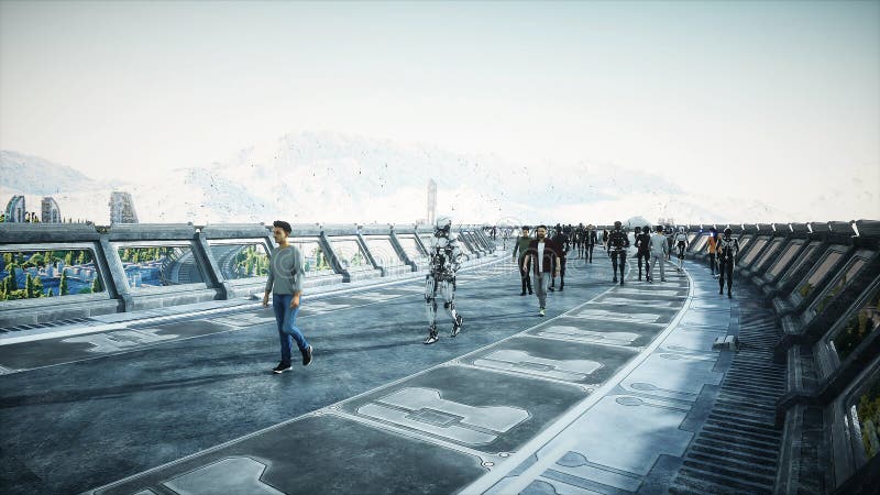 People and robots. Sci fi tonnel. Futuristic traffic. Concept of future. 3d rendering. stock illustration