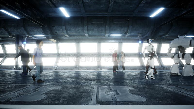 People and robots. Sci fi tonnel. Futuristic traffic. Concept of future. 3d rendering. royalty free illustration