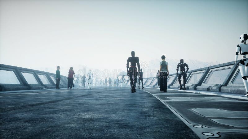 People and robots. Sci fi tonnel. Futuristic traffic. Concept of future. 3d rendering. vector illustration