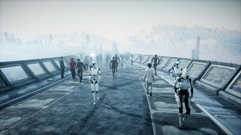 People and robots. Sci fi tonnel. Futuristic traffic. Concept of future. 3d rendering. stock illustration