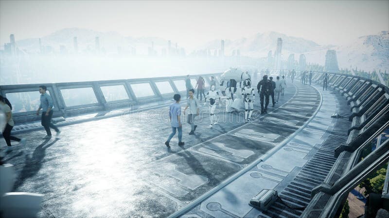 People and robots. Sci fi tonnel. Futuristic traffic. Concept of future. 3d rendering. stock illustration