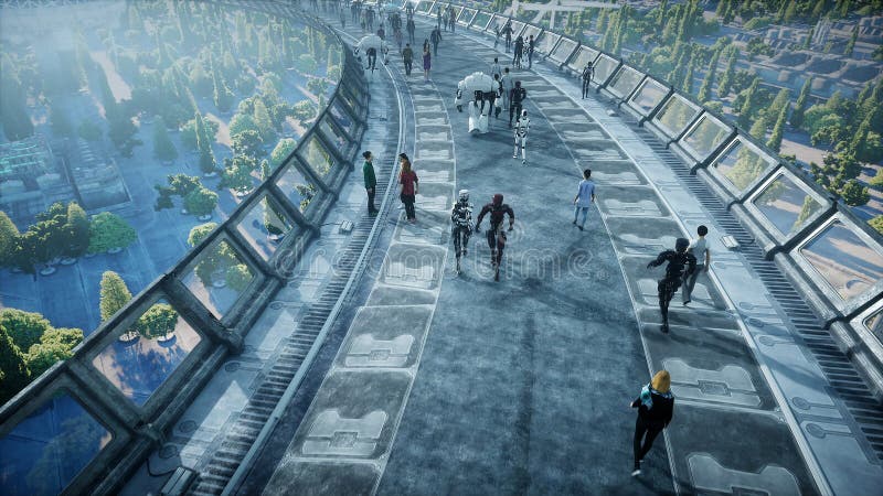 People and robots. Sci fi tonnel. Futuristic traffic. Concept of future. 3d rendering. stock illustration