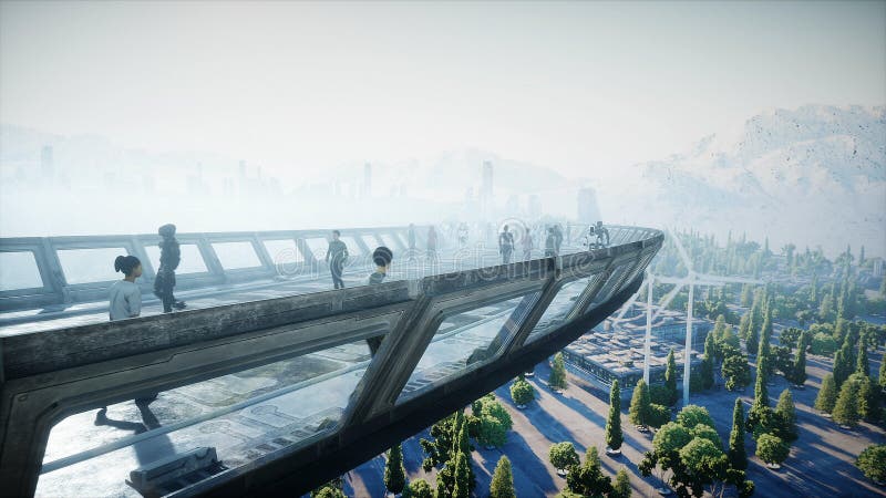 People and robots. Sci fi tonnel. Futuristic traffic. Concept of future. 3d rendering. royalty free illustration