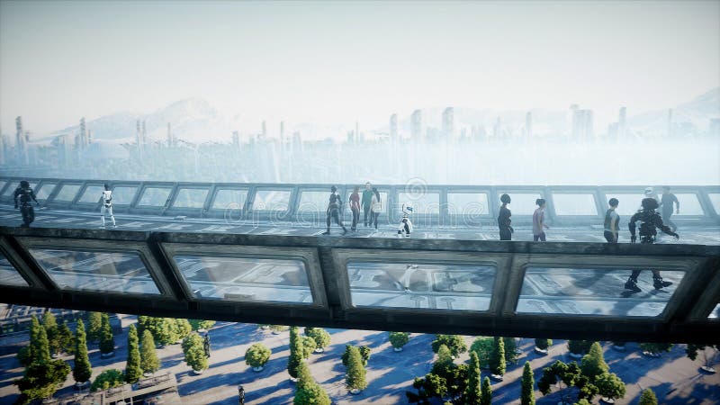 People and robots. Sci fi tonnel. Futuristic traffic. Concept of future. 3d rendering. royalty free illustration
