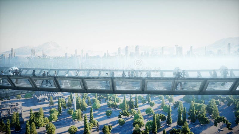 People and robots. Sci fi tonnel. Futuristic traffic. Concept of future. 3d rendering. stock illustration