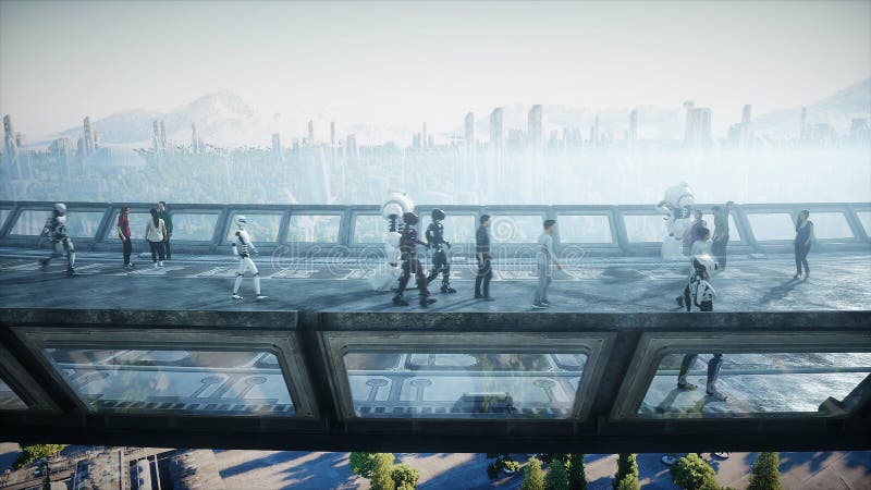 People and robots. Sci fi tonnel. Futuristic traffic. Concept of future. 3d rendering. royalty free illustration