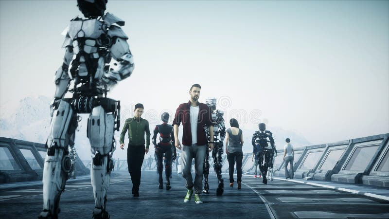 People and robots. Sci fi tonnel. Futuristic traffic. Concept of future. 3d rendering. royalty free illustration
