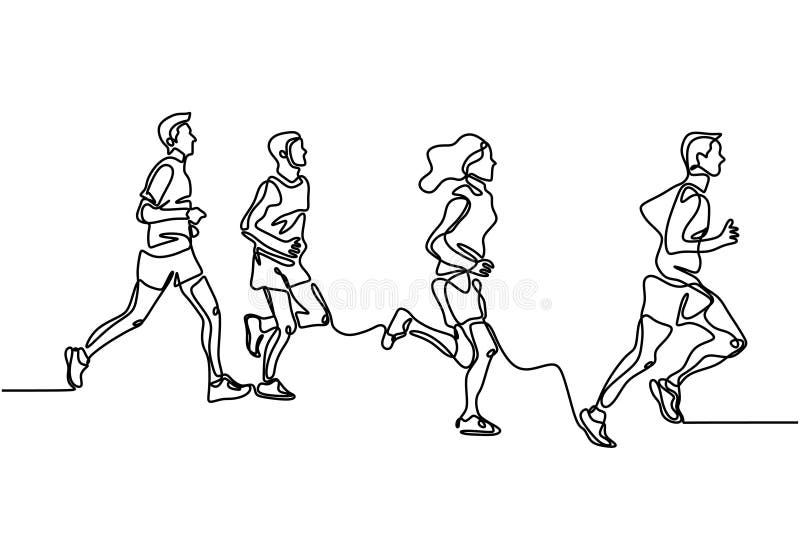 people running one line drawing vector illustration. Group of man and women doing exercise for healthy life. Vector illustration