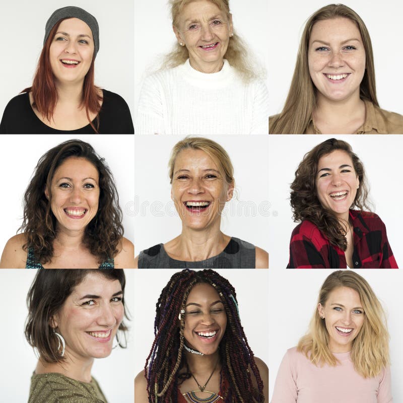 People Set of Diversity Women with Smiling Face Expression Studio Collage royalty free stock photos