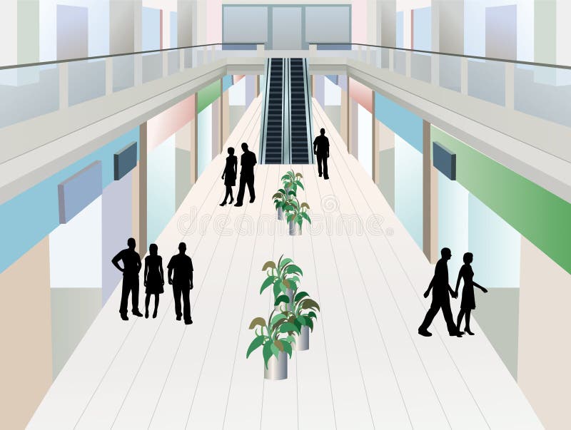 People in shopping mall with two floors royalty free illustration