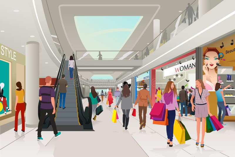 People shopping in a mall stock vector. Illustration of modern - 53627310
