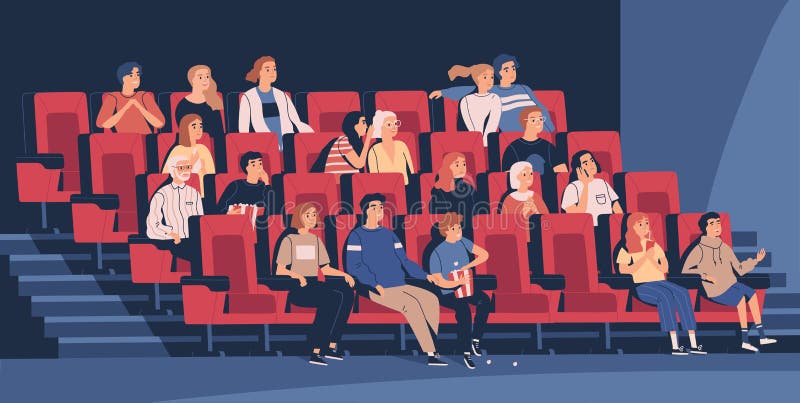 People sitting in chairs at movie theater or cinema auditorium. Young and old men, women and children watching film or
