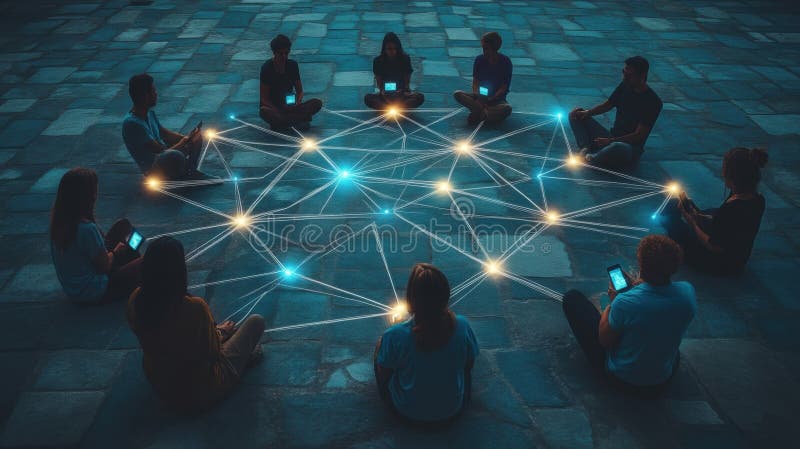 People sitting in a circle using glowing phones connected by illuminated digital lines at night. Generative AI stock photos