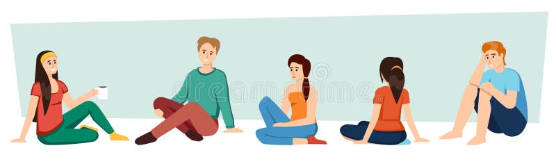 Persoane care stau în conversație. discută despre dialogul la sol despre personajele care stau pe podea în cameră. desen vectorial stock illustration