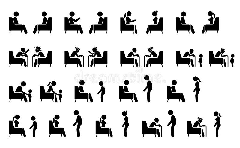 Vector illustrations pictogram of stick figure man, woman, elderly, and you...