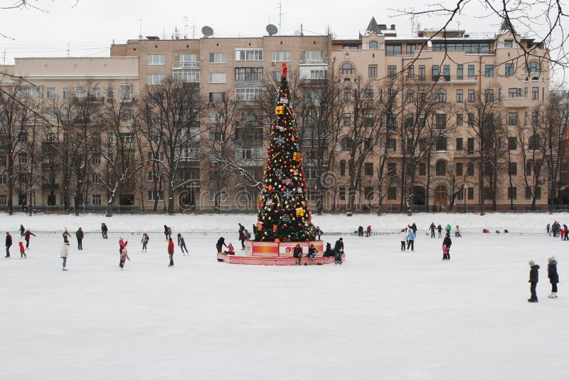 People Skating Rink On Public Ice Rink Near The Christmas ...