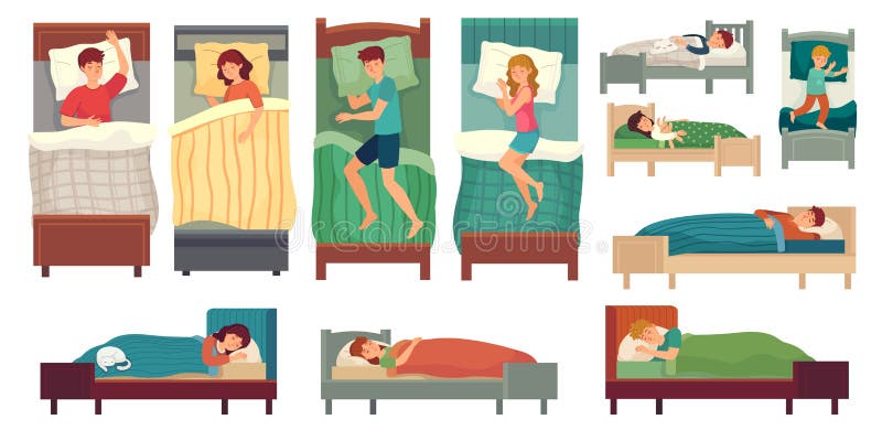 People sleeping in beds. Adult man in bed, asleep woman and young kids sleep vector illustration set