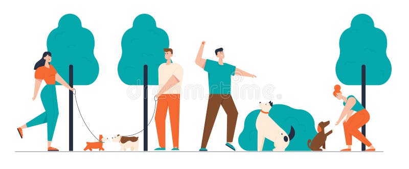 People Spending Time with Pets Outdoors. Male and Female Characters Walking and Training Dogs in Summer Park, Relaxing Leisure, Communication Love, Care of Animals. Cartoon Flat Vector Illustration