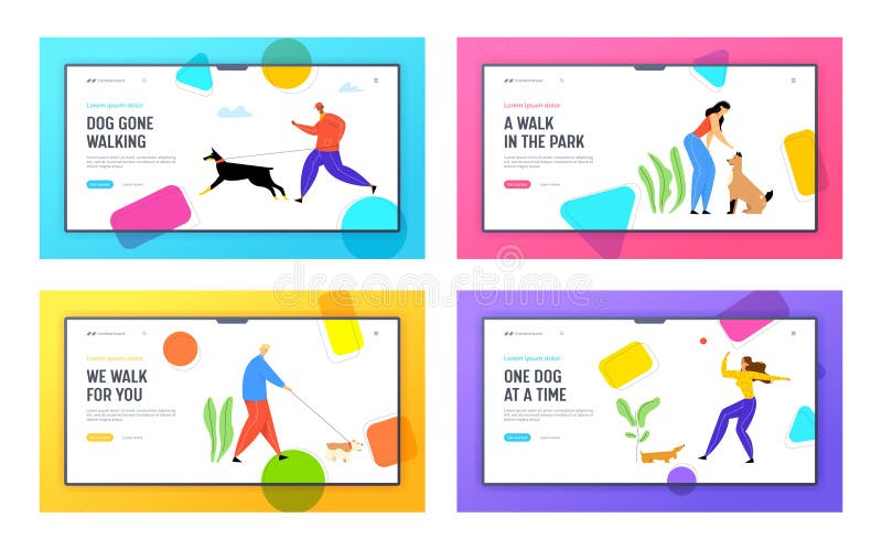 People Spending Time with Pets Outdoors Website Landing Page,Set. Characters Walking and Playing with Dogs