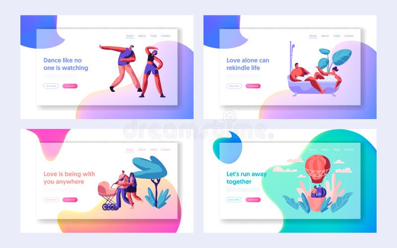 People Spending Time Together Landing Page. Happy Family with Pram. Dancing Couple Characters, Lovers in Air Balloon stock illustration People Spending Time Together Landing Page. Happy Family with Pram. Dancing Couple Characters, Lovers in Air Balloon stock illustration
